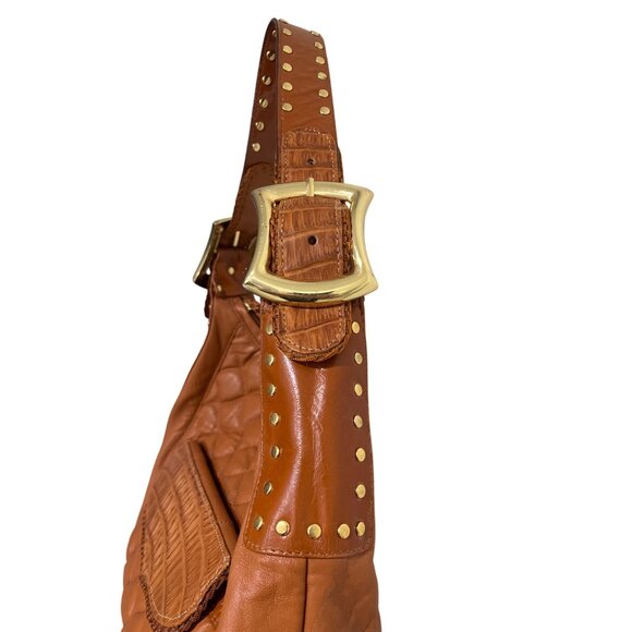 Chi Carlos Falchi Quilted Brown Leather Shoulder Bag Gold-Studded Strap Buckle - Picture 2 of 8